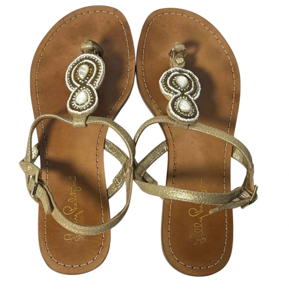 LILLY PULITZER Beaded Gold‎ Leather T-Strap Thong Sandals Size 7.5M